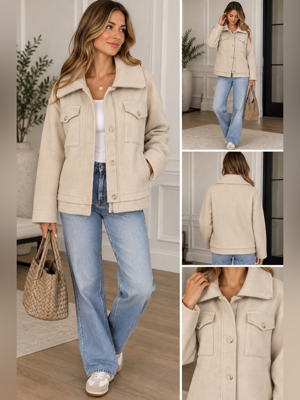 Bernardo Metro Haven Wool Beige Jacket w/ Collar & Patch Pockets NWT Size 2XL